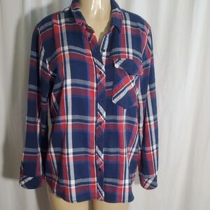 One Gun Ranch Womens Flannel Plaid Button-Up Shirt Blue and Red 100%Cotton Sz L